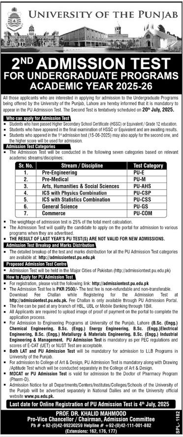 Admissions Open in University of the Punjab Lahore
